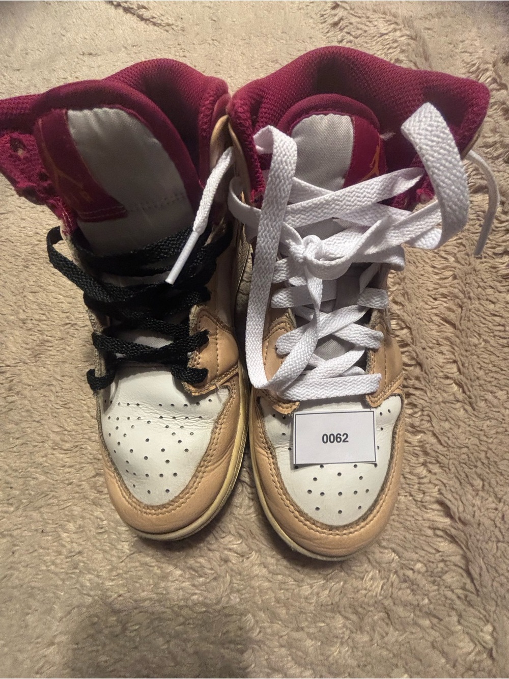 Boys Nike Air Jordan 1  High-Top Sneakers in White, Tan & Burgundy